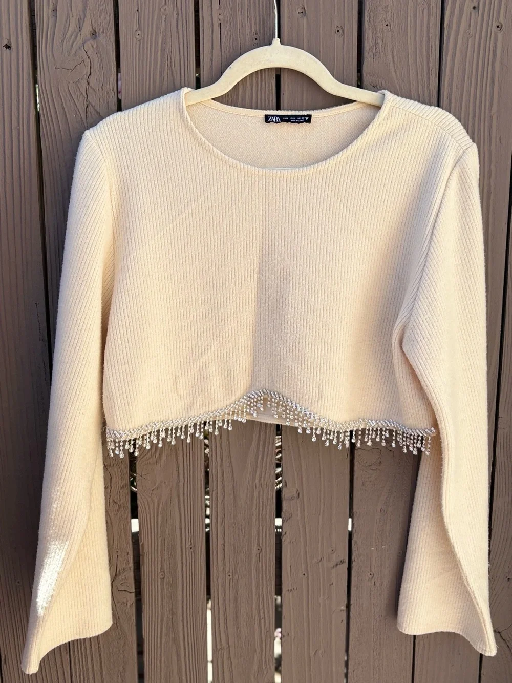Zara Cream Cropped Sweater with Beaded Fringe Hem